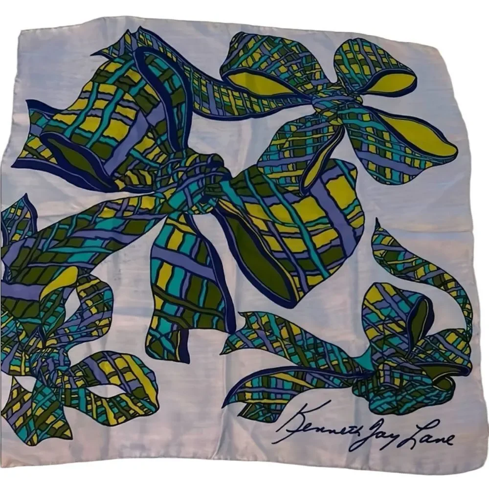 Kenneth Jay Lane silk Blue and Green Bow Scarf